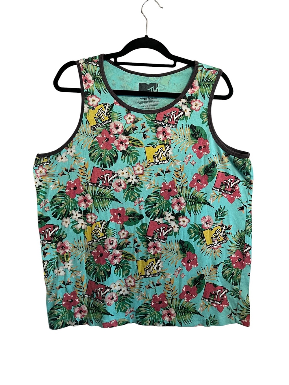 MTV Tropical Floral Tank Top Women Large Aqua Retro Graphic Y2K Sleeveless
